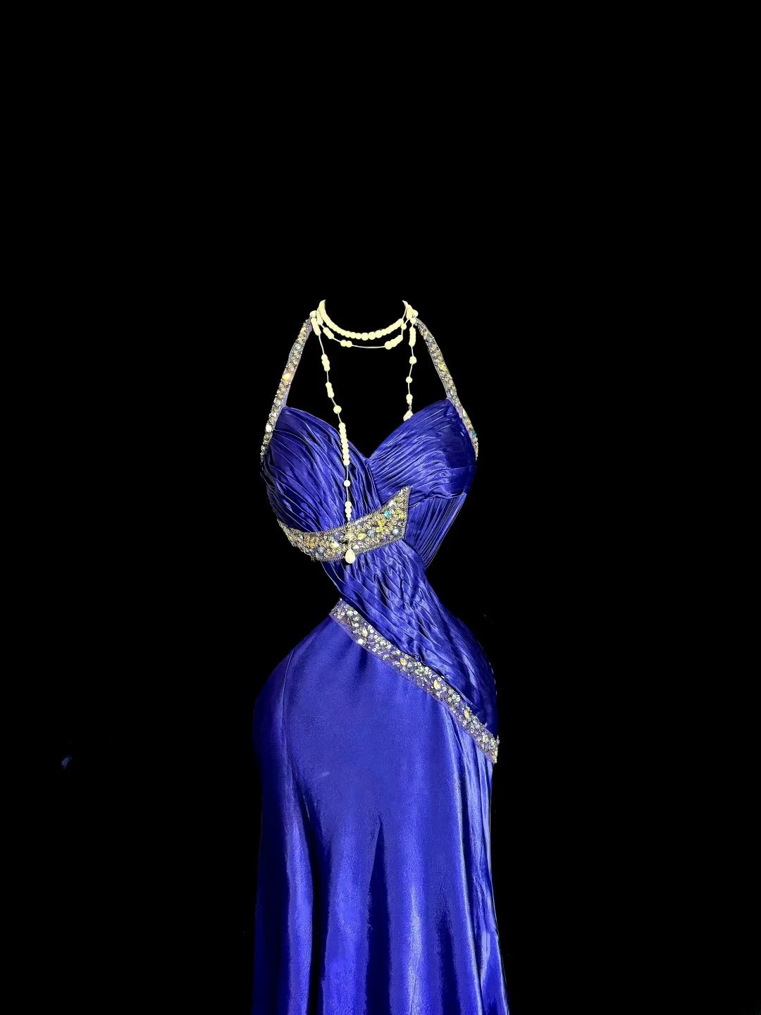 Vintage Lange 80er Jahre Ballkleider Königsblau Meerjungfrau Neckholder mit Perlen Satin Abendkleid Abschlussballkleid MP376