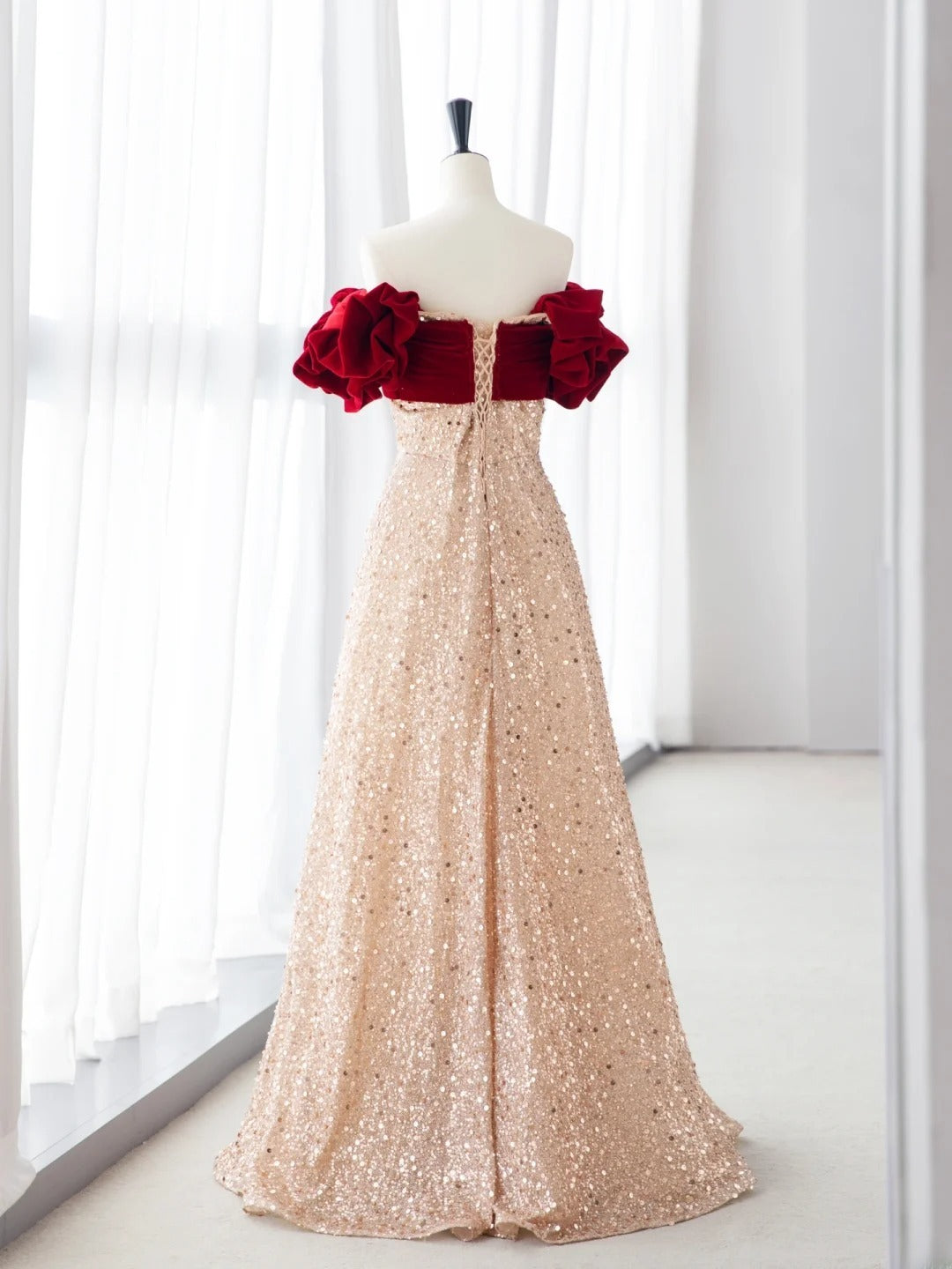 Princess Prom Dresses Red & Apricot Off-Shoulder A-Line Sequins Evening Dress MP241