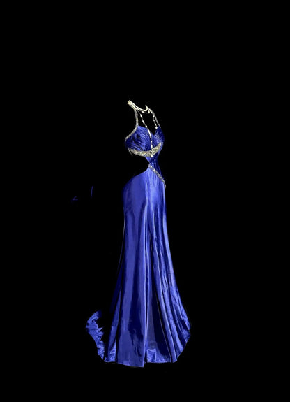 Vintage Lange 80er Jahre Ballkleider Königsblau Meerjungfrau Neckholder mit Perlen Satin Abendkleid Abschlussballkleid MP376