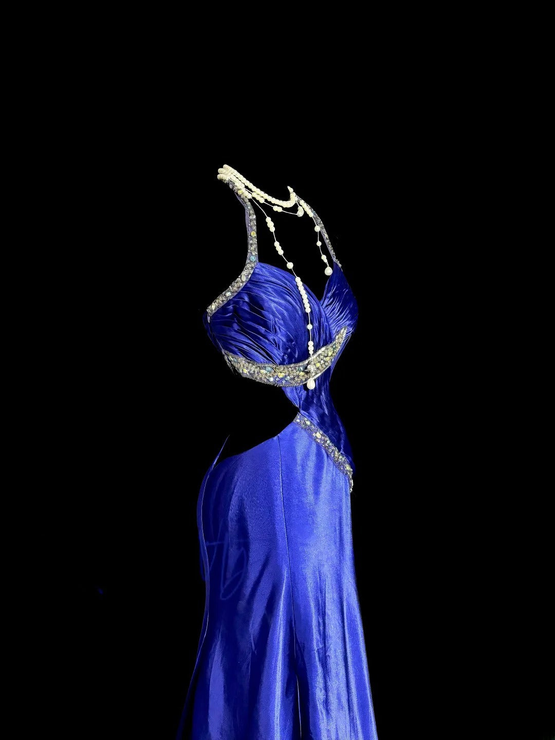 Vintage Lange 80er Jahre Ballkleider Königsblau Meerjungfrau Neckholder mit Perlen Satin Abendkleid Abschlussballkleid MP376