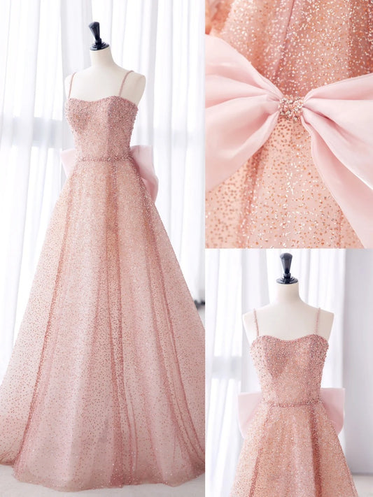 Sparkly Light Pink Prom Dresses Long Spaghetti Straps Sequins Bow A-line Formal Dress MP242