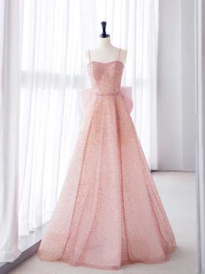 Sparkly Light Pink Prom Dresses Long Spaghetti Straps Sequins Bow A-line Formal Dress MP242