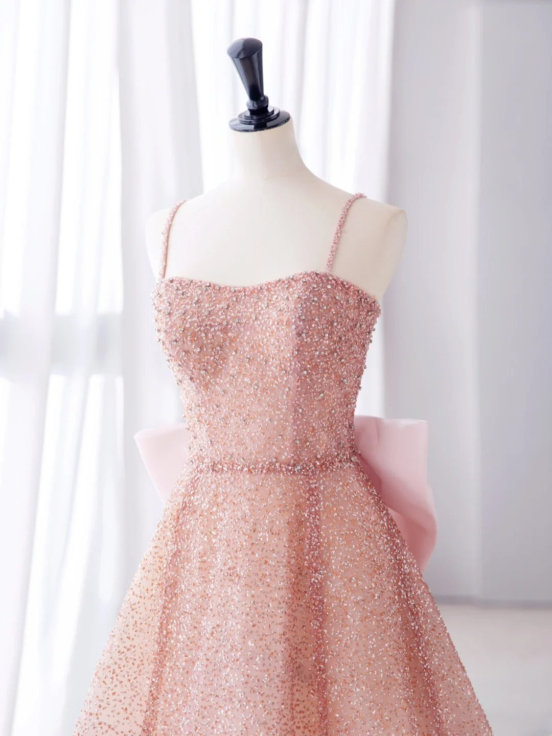 Sparkly Light Pink Prom Dresses Long Spaghetti Straps Sequins Bow A-line Formal Dress MP242