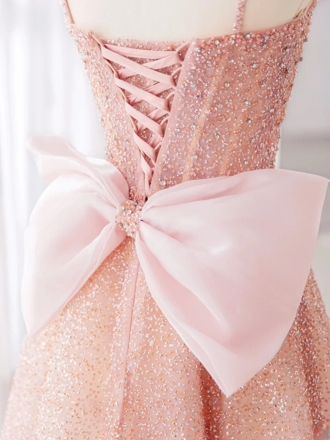 Sparkly Light Pink Prom Dresses Long Spaghetti Straps Sequins Bow A-line Formal Dress MP242