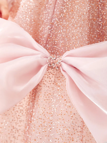 Sparkly Light Pink Prom Dresses Long Spaghetti Straps Sequins Bow A-line Formal Dress MP242