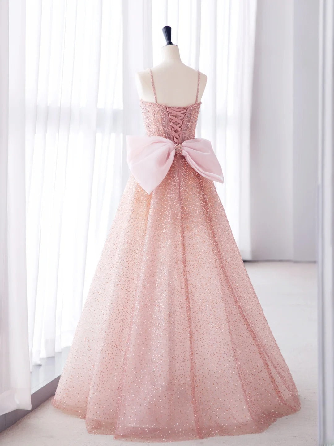 Sparkly Light Pink Prom Dresses Long Spaghetti Straps Sequins Bow A-line Formal Dress MP242