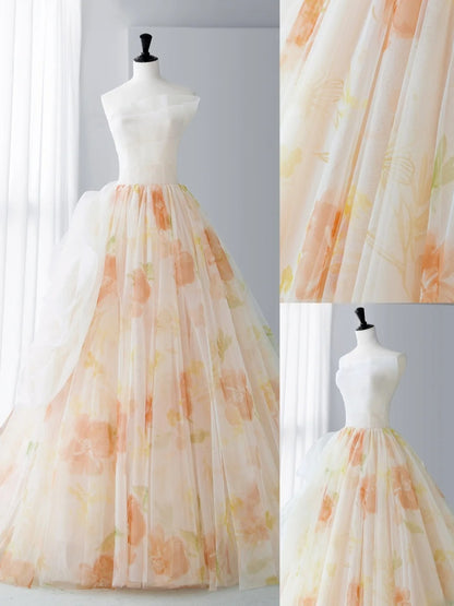Elegant Prom Dresses Simple A-Line Strapless Orange Floral Formal Dress MP243