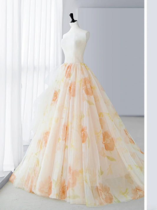 Elegant Prom Dresses Simple A-Line Strapless Orange Floral Formal Dress MP243