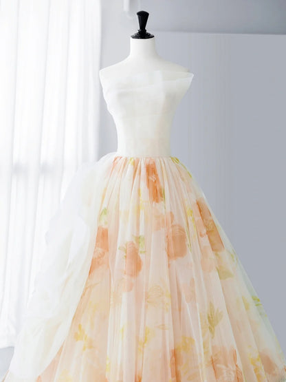 Elegant Prom Dresses Simple A-Line Strapless Orange Floral Formal Dress MP243