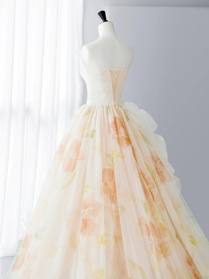 Elegant Prom Dresses Simple A-Line Strapless Orange Floral Formal Dress MP243