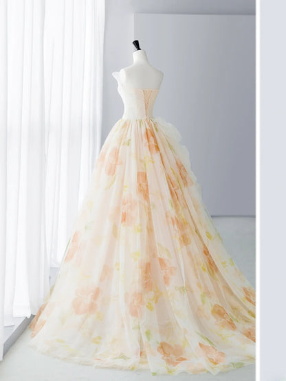 Elegant Prom Dresses Simple A-Line Strapless Orange Floral Formal Dress MP243