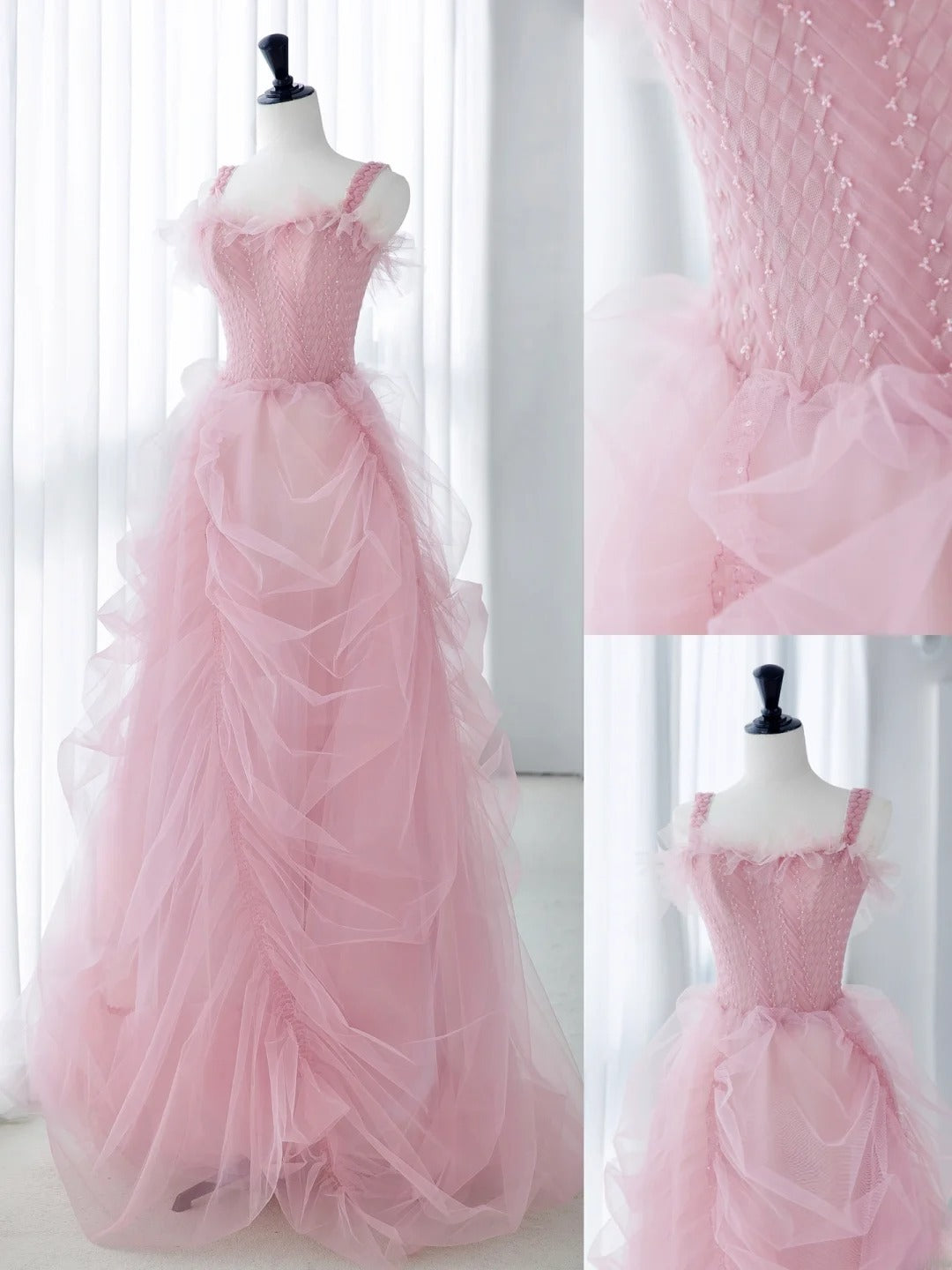 Classy Long Prom Dresses Ball Gown With Straps Tulle Pink Formal Dress Graduation Gowns MP244