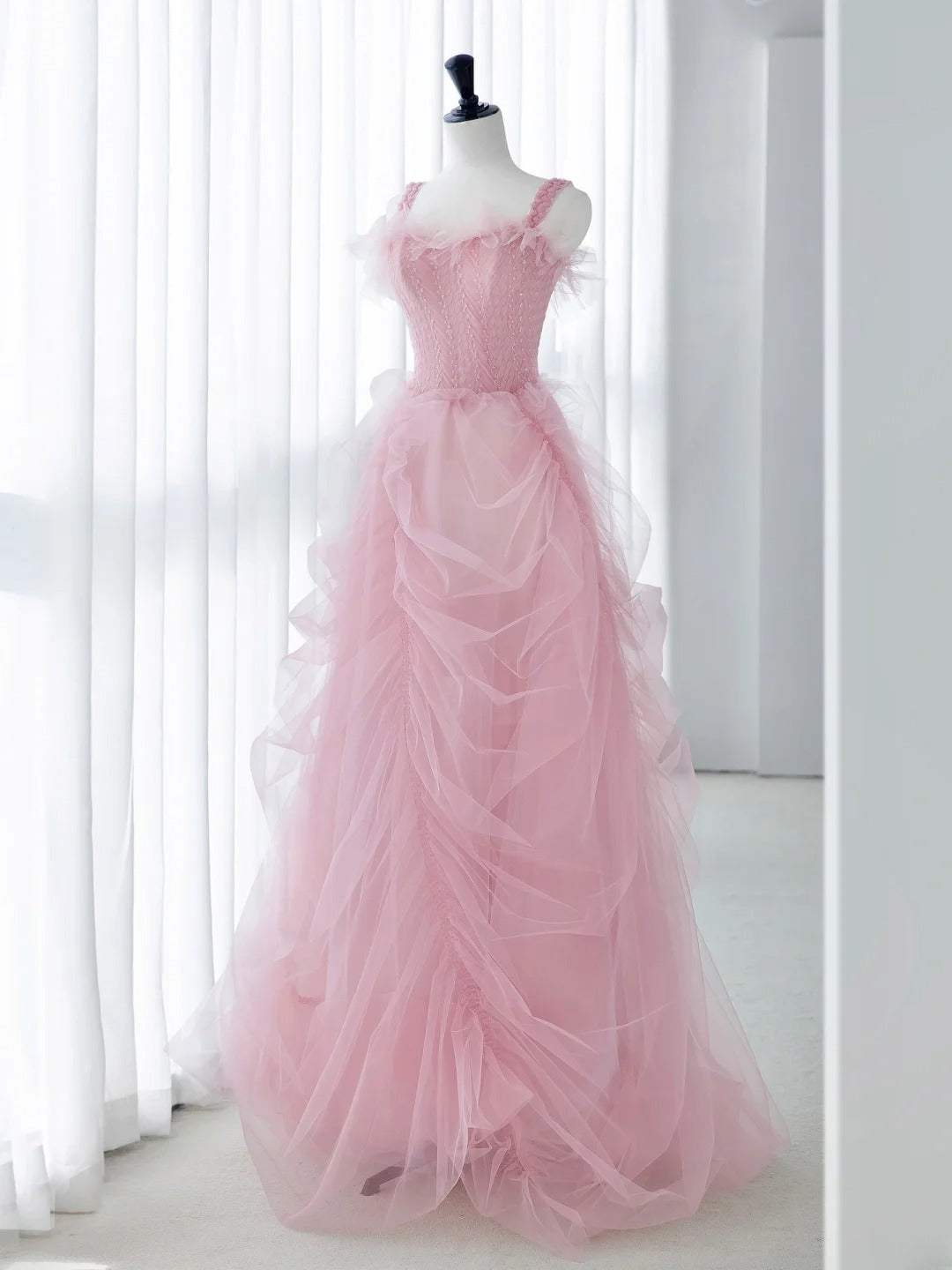 Classy Long Prom Dresses Ball Gown With Straps Tulle Pink Formal Dress Graduation Gowns MP244