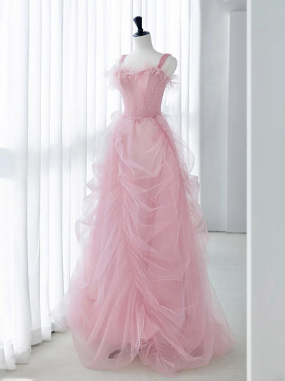 Classy Long Prom Dresses Ball Gown With Straps Tulle Pink Formal Dress Graduation Gowns MP244