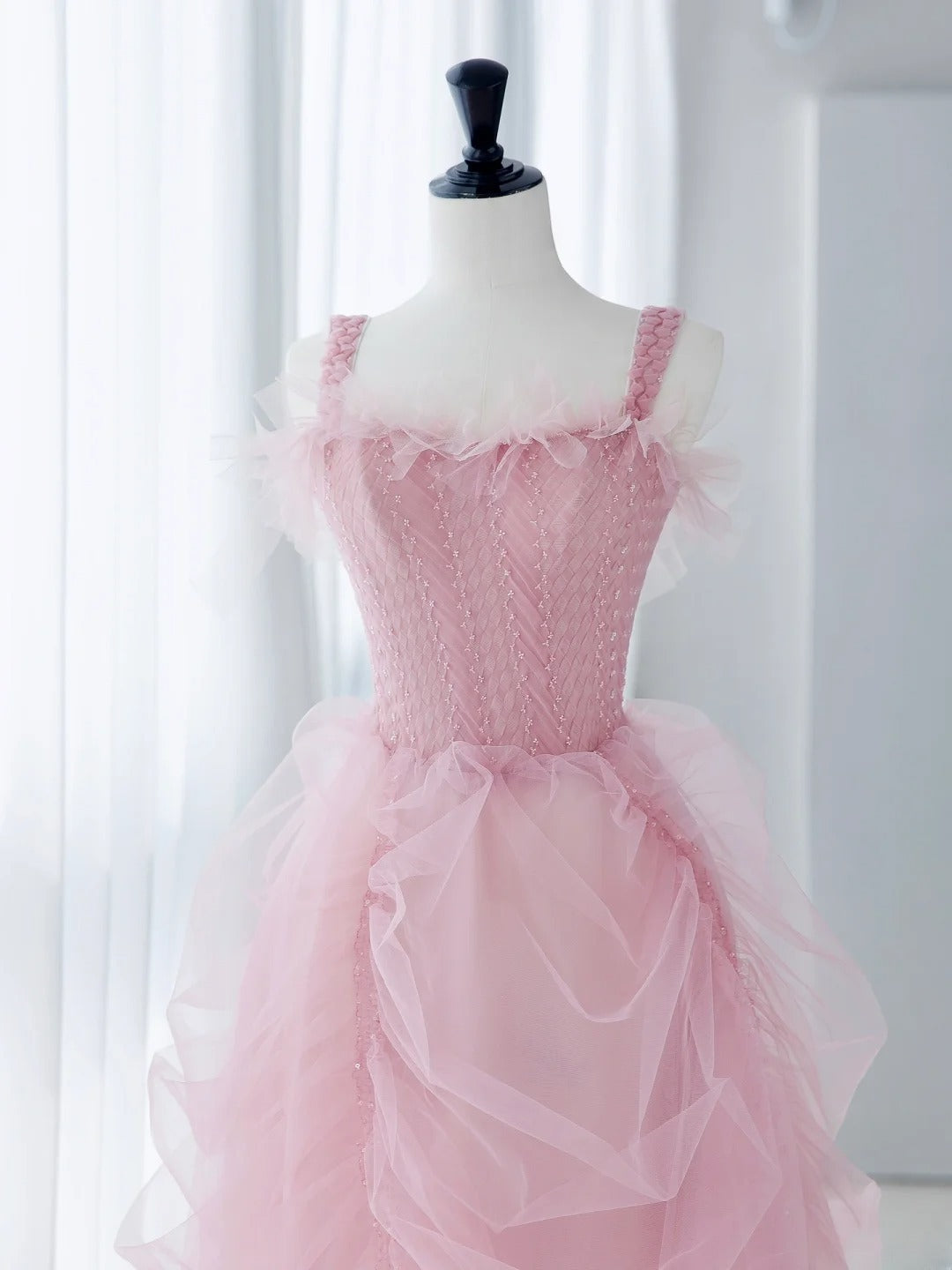 Classy Long Prom Dresses Ball Gown With Straps Tulle Pink Formal Dress Graduation Gowns MP244