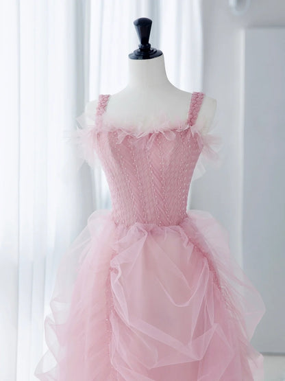 Classy Long Prom Dresses Ball Gown With Straps Tulle Pink Formal Dress Graduation Gowns MP244