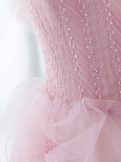 Classy Long Prom Dresses Ball Gown With Straps Tulle Pink Formal Dress Graduation Gowns MP244