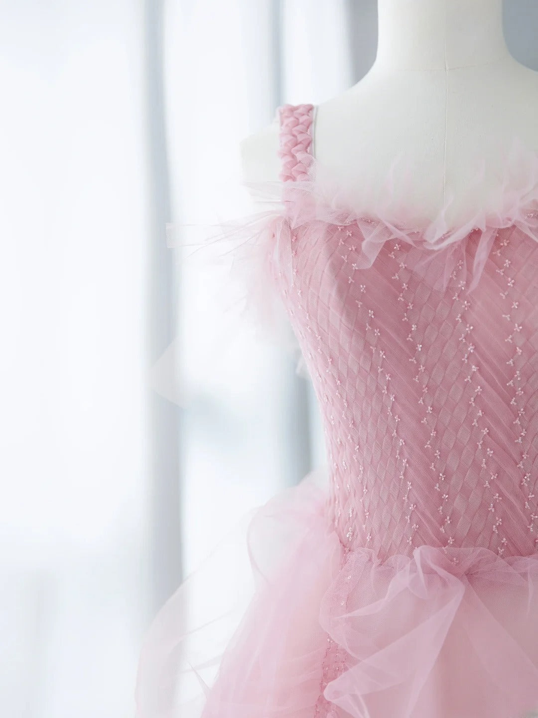 Classy Long Prom Dresses Ball Gown With Straps Tulle Pink Formal Dress Graduation Gowns MP244