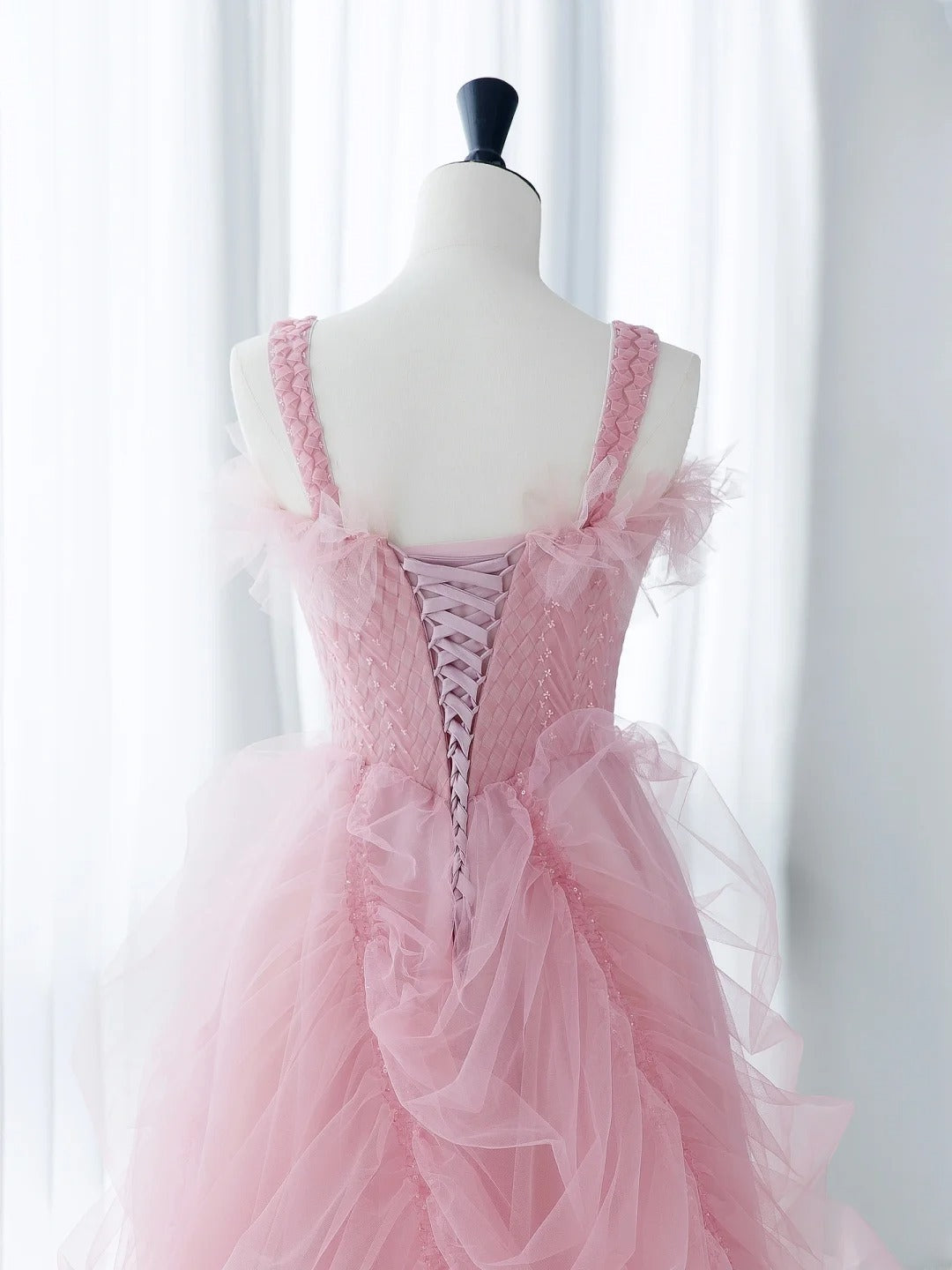 Classy Long Prom Dresses Ball Gown With Straps Tulle Pink Formal Dress Graduation Gowns MP244