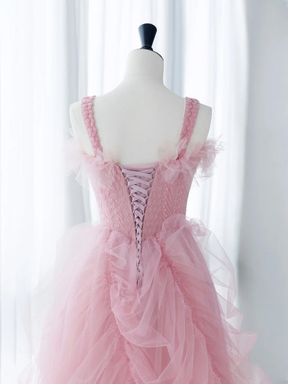 Classy Long Prom Dresses Ball Gown With Straps Tulle Pink Formal Dress Graduation Gowns MP244