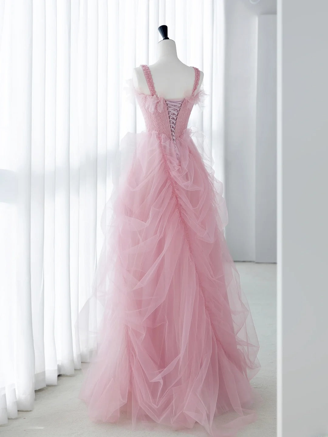 Classy Long Prom Dresses Ball Gown With Straps Tulle Pink Formal Dress Graduation Gowns MP244