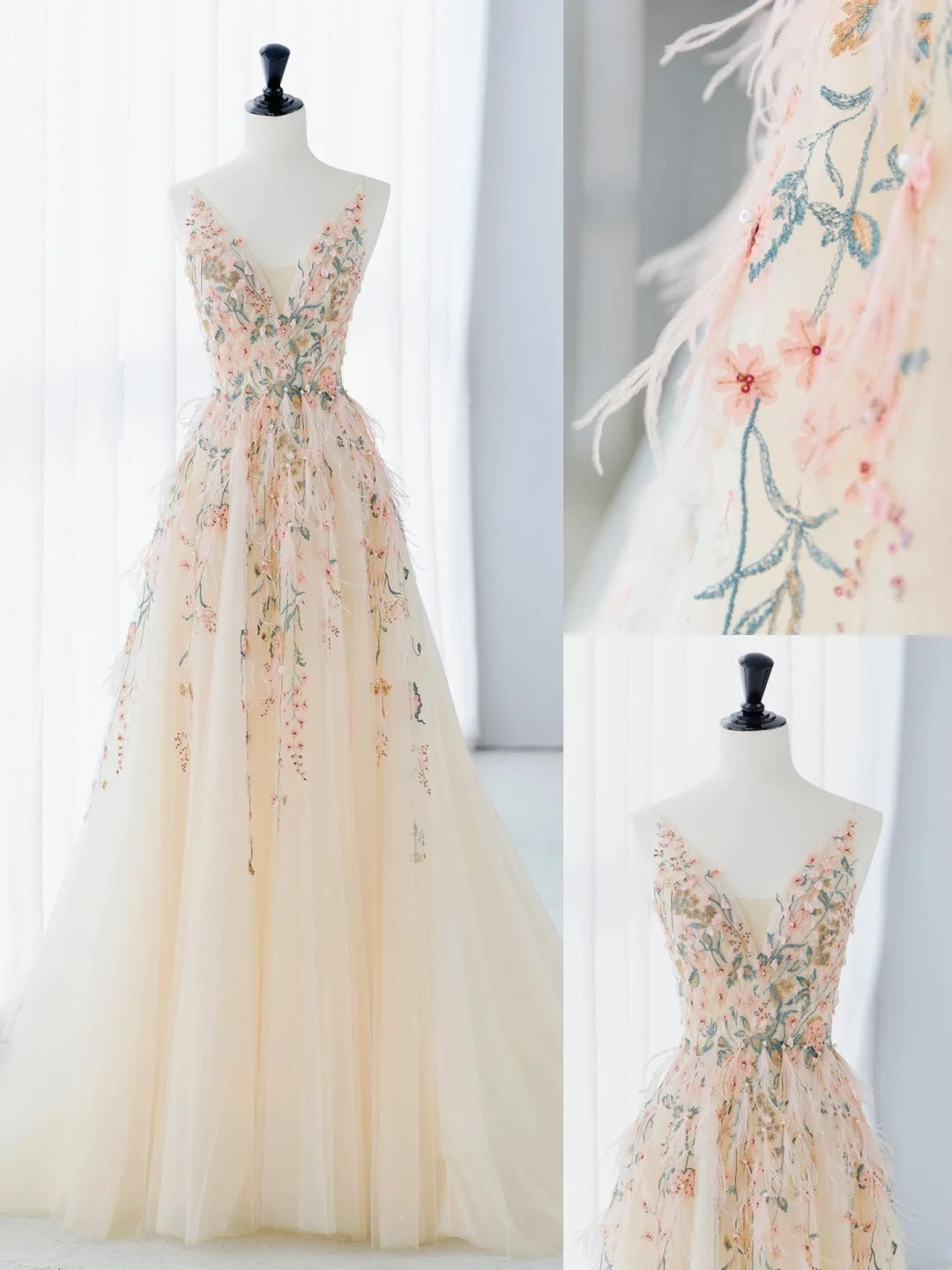 Classy Long Prom Dresses Ball Gown V Neckline Tulle Floral Senior Formal Dress Graduation Gown MP245