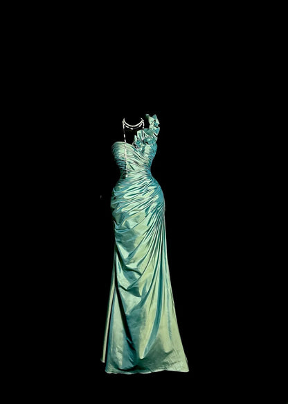 Vintage Lange 60er Jahre Ballkleider Meerjungfrau Grün One-Shoulder Satin Abendkleider Abschlussballkleid MP379