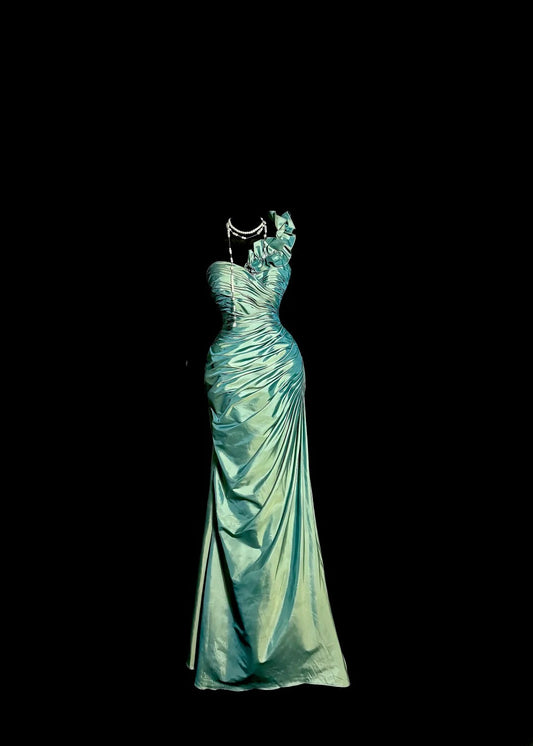Vintage Long 60s Prom Dresses Mermaid Green One Shoulder Satin Formal Dresses Graduation Gown MP379