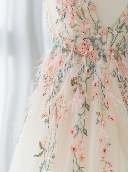 Classy Long Prom Dresses Ball Gown V Neckline Tulle Floral Senior Formal Dress Graduation Gown MP245