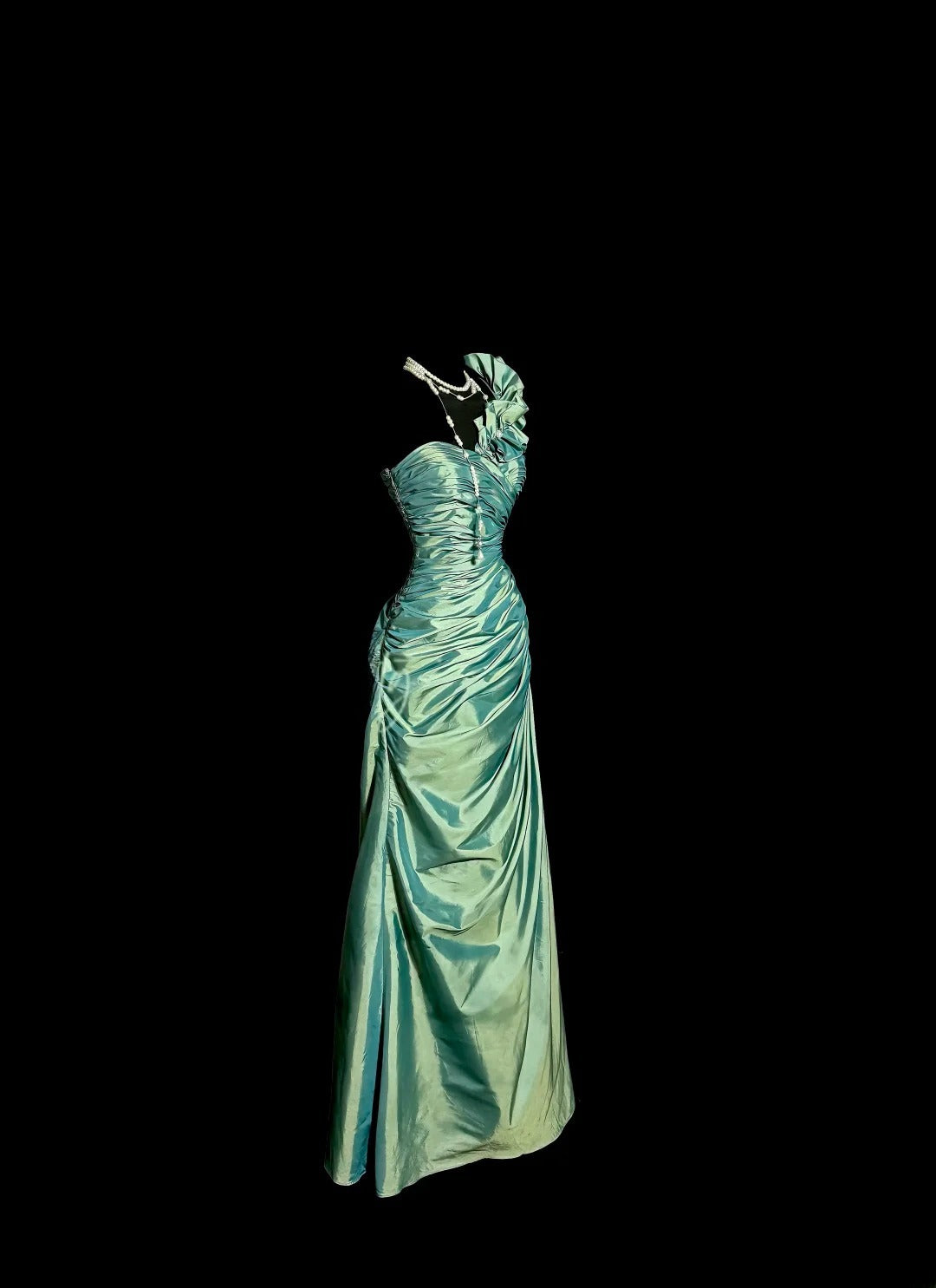 Vintage Lange 60er Jahre Ballkleider Meerjungfrau Grün One-Shoulder Satin Abendkleider Abschlussballkleid MP379