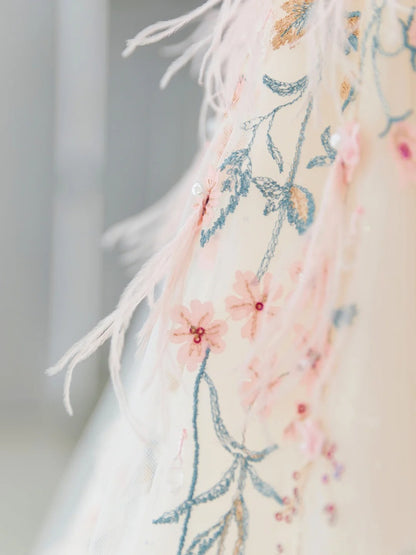 Classy Long Prom Dresses Ball Gown V Neckline Tulle Floral Senior Formal Dress Graduation Gown MP245