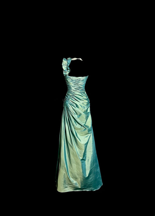 Vintage Long 60s Prom Dresses Mermaid Green One Shoulder Satin Formal Dresses Graduation Gown MP379