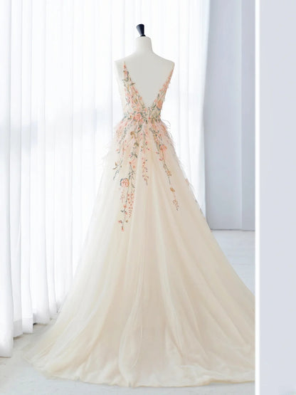 Classy Long Prom Dresses Ball Gown V Neckline Tulle Floral Senior Formal Dress Graduation Gown MP245