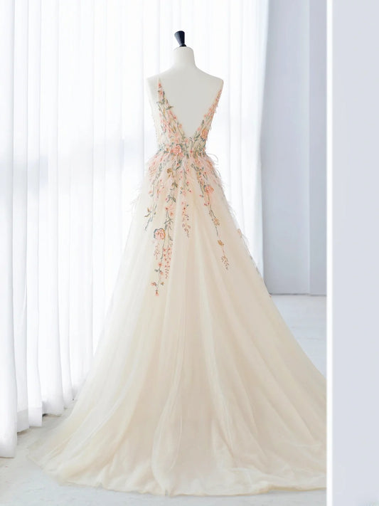 Classy Long Prom Dresses Ball Gown V Neckline Tulle Floral Senior Formal Dress Graduation Gown MP245