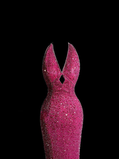 Glitzerndes langes 80er-Jahre-Ballkleid Meerjungfrauen-V-Ausschnitt Hot Pink Vintage-Abendkleid Abschlussballkleid MP380