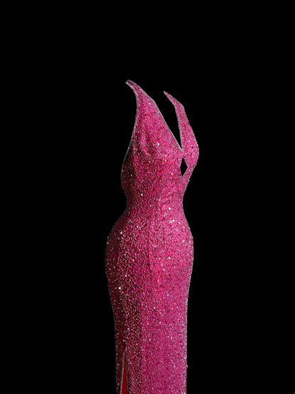 Glitzerndes langes 80er-Jahre-Ballkleid Meerjungfrauen-V-Ausschnitt Hot Pink Vintage-Abendkleid Abschlussballkleid MP380