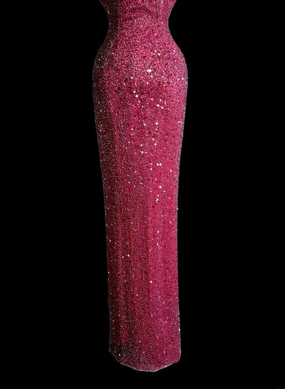 Glitzerndes langes 80er-Jahre-Ballkleid Meerjungfrauen-V-Ausschnitt Hot Pink Vintage-Abendkleid Abschlussballkleid MP380