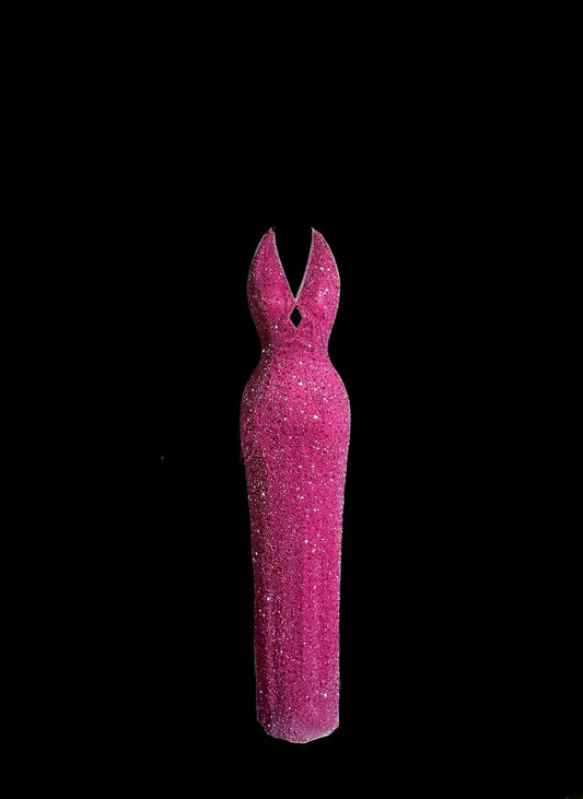 Sparkly Long 80s Prom Dresses Mermaid V Neck Hot Pink Vintage Formal Dress Graduation Gown MP380