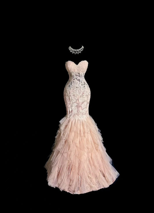 Modest Long 80s Prom Dresses Mermaid Sweetheart Blush Pink Vintage Formal Dress Graduation Gown MP381