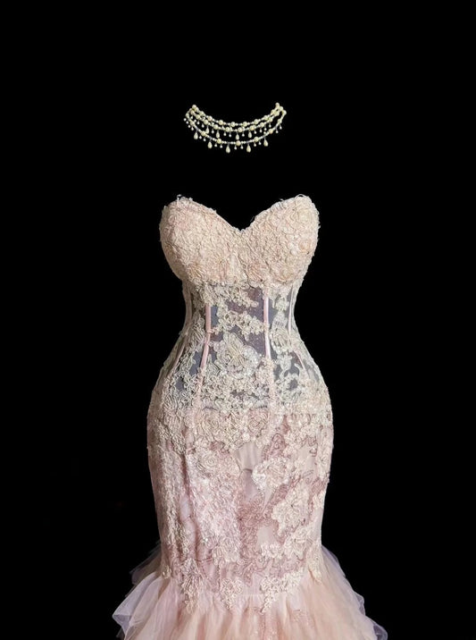 Modest Long 80s Prom Dresses Mermaid Sweetheart Blush Pink Vintage Formal Dress Graduation Gown MP381