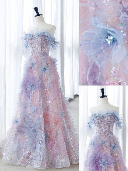 Cute Long Prom Dresses Ball Gown Strapless Floral Tulle Senior Formal Dress Ideas Graduation Gown MP248