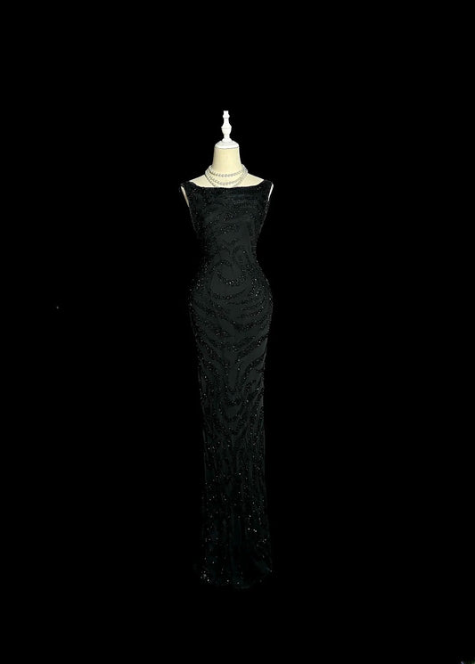 Modest Long 80s Prom Dresses Mermaid Scoop Black Sequin Vintage Formal Dress Graduation Gown MP382