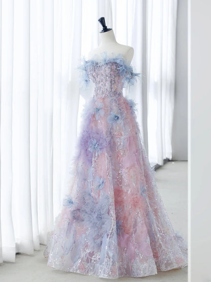 Cute Long Prom Dresses Ball Gown Strapless Floral Tulle Senior Formal Dress Ideas Graduation Gown MP248