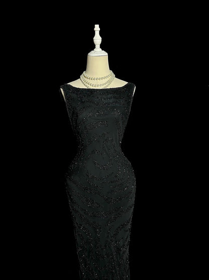 Robes de bal modestes des années 80 longues, sirène, col rond, sequins noirs, robe de soirée vintage, robe de remise des diplômes MP382