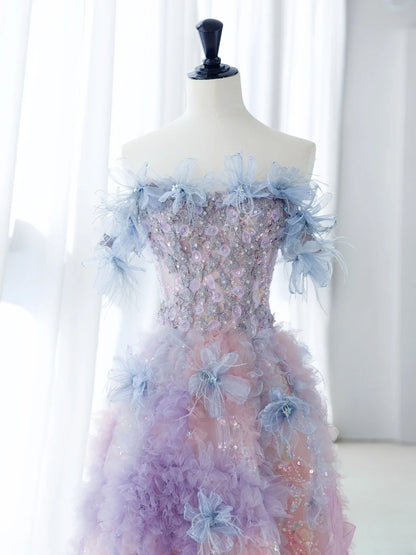 Cute Long Prom Dresses Ball Gown Strapless Floral Tulle Senior Formal Dress Ideas Graduation Gown MP248