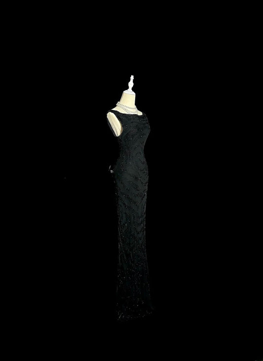 Modest Long 80s Prom Dresses Mermaid Scoop Black Sequin Vintage Formal Dress Graduation Gown MP382