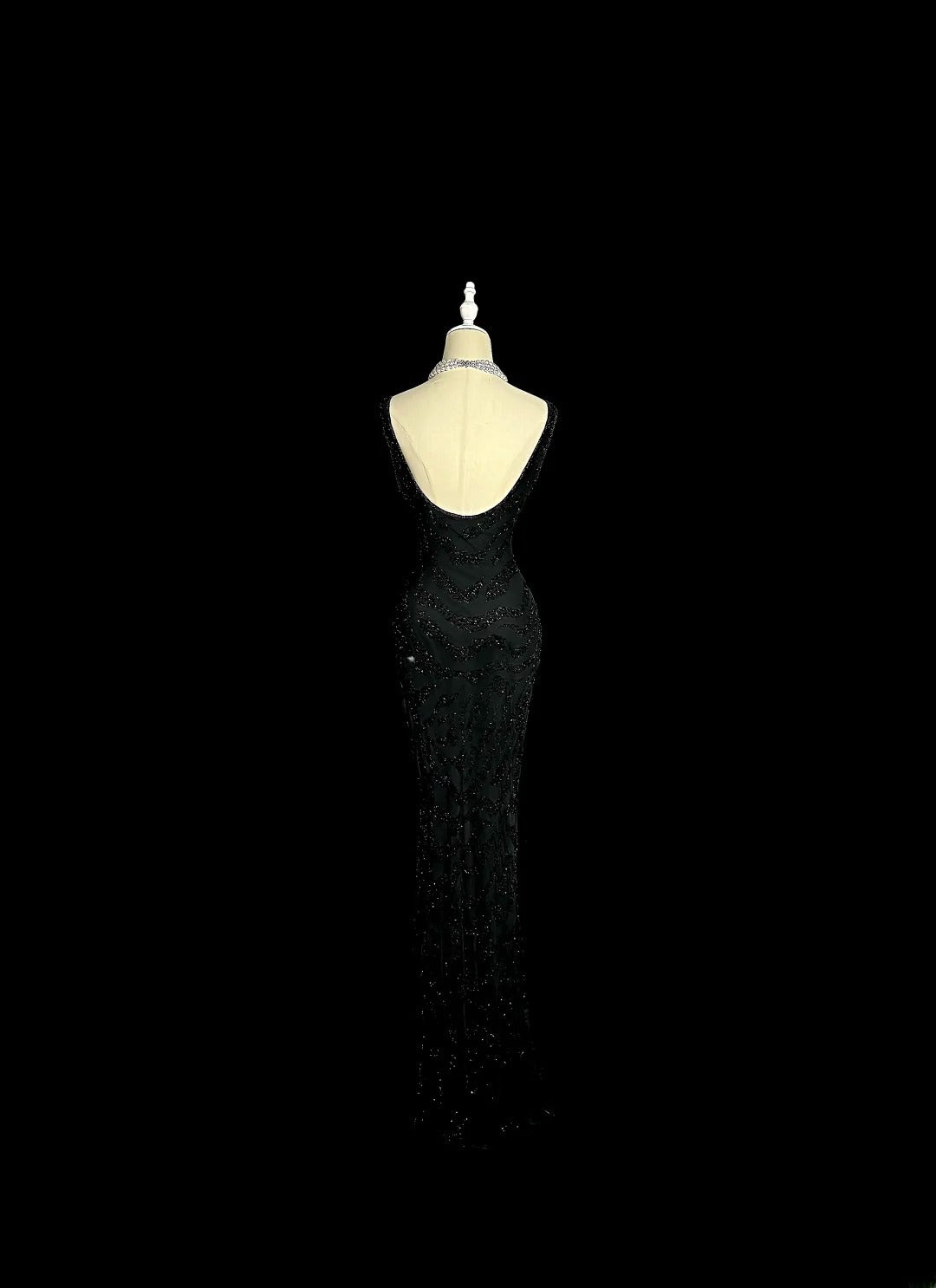 Robes de bal modestes des années 80 longues, sirène, col rond, sequins noirs, robe de soirée vintage, robe de remise des diplômes MP382