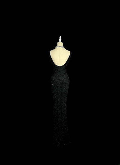 Robes de bal modestes des années 80 longues, sirène, col rond, sequins noirs, robe de soirée vintage, robe de remise des diplômes MP382