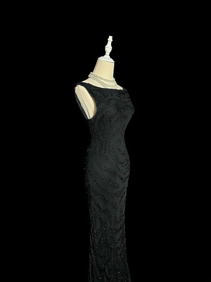 Robes de bal modestes des années 80 longues, sirène, col rond, sequins noirs, robe de soirée vintage, robe de remise des diplômes MP382