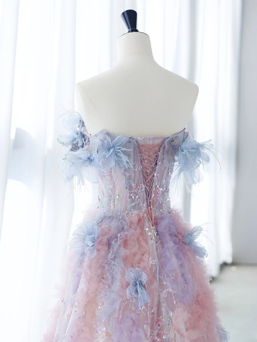 Cute Long Prom Dresses Ball Gown Strapless Floral Tulle Senior Formal Dress Ideas Graduation Gown MP248